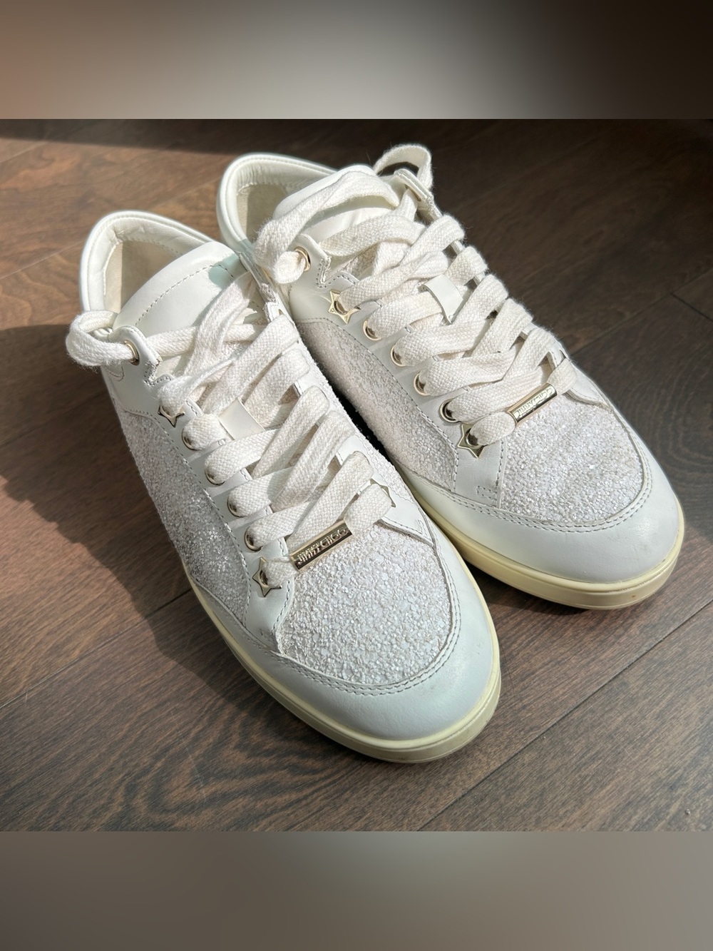 Jimmy Choo Glitter White Leather Sneakers